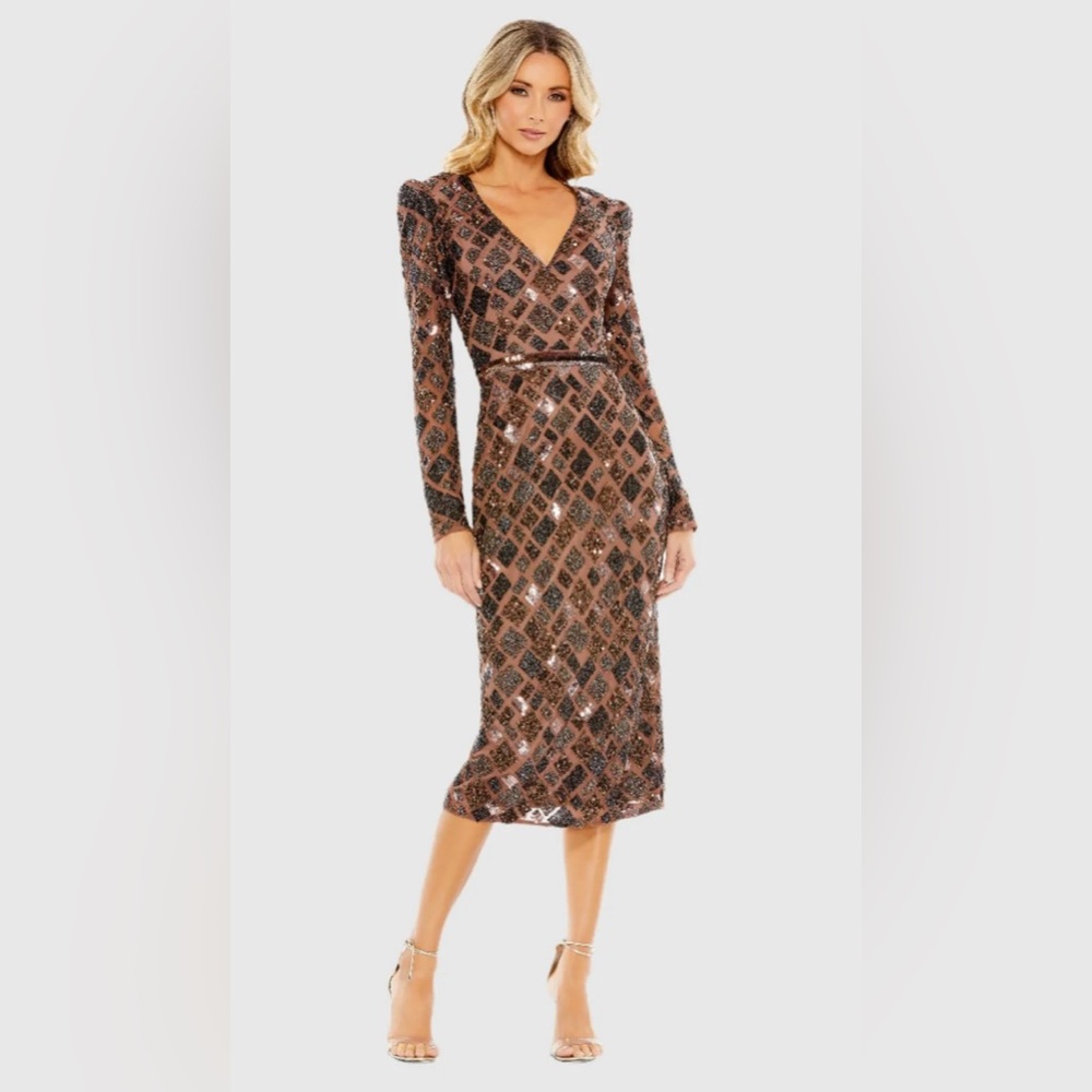 Mac Duggal Brown Geo Embellished Midi Sheath Dress Size 4